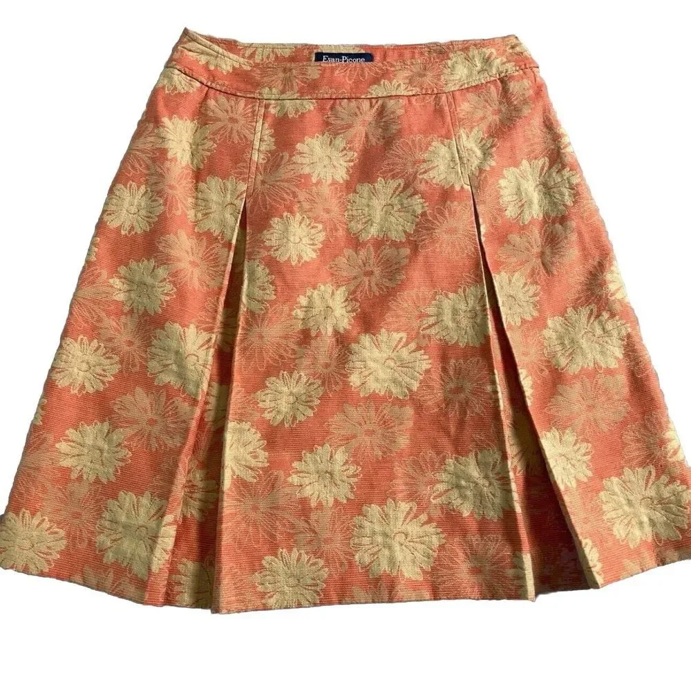 Evan Picone Cotton Pleated Skirt‎ Womens 12 Orange Gold Tiger Lily Flower Girly